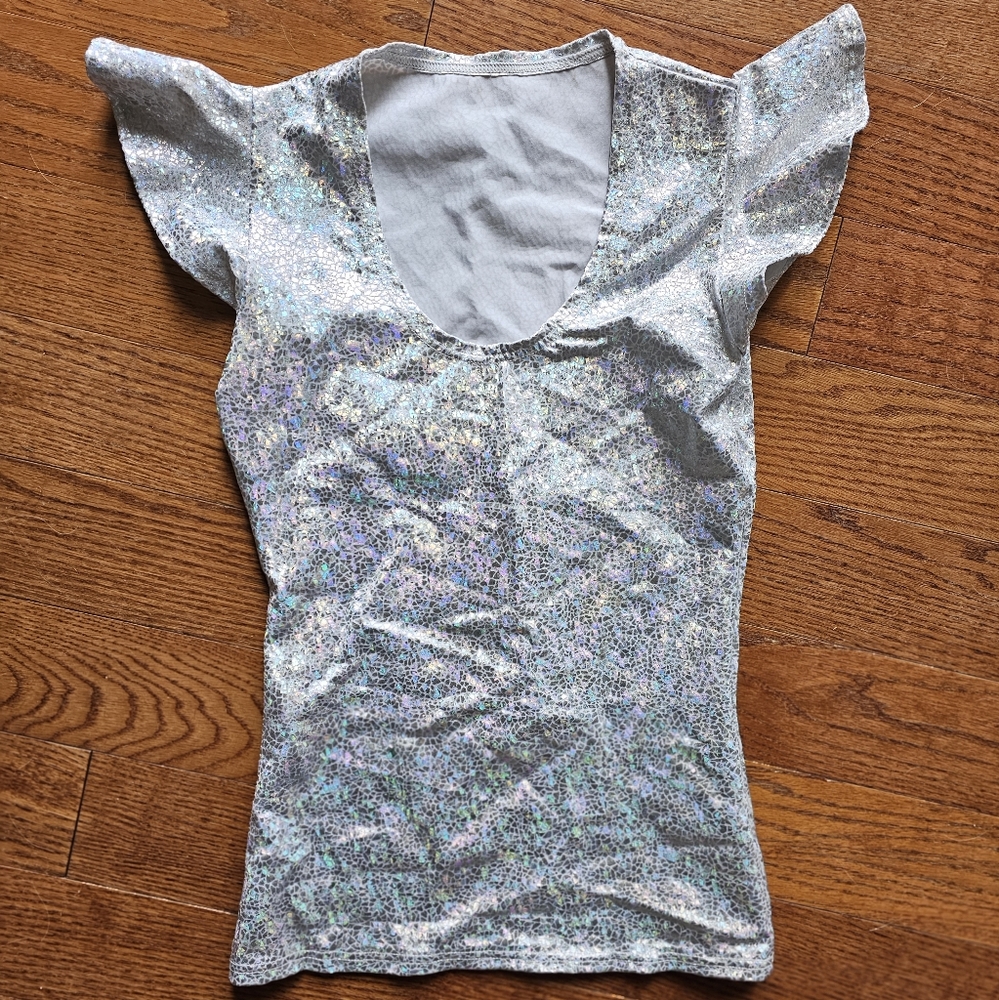 Coquetry Clothing flutter sleeve scoop neck snow silver sparkle top custom